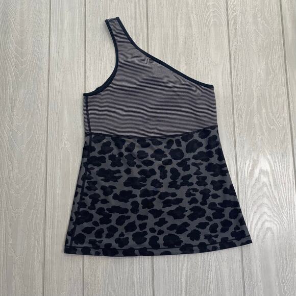 Lululemon Athletica Women's One Shoulder Black & Gray Striped & Leopard Top 4 - Picture 2 of 8